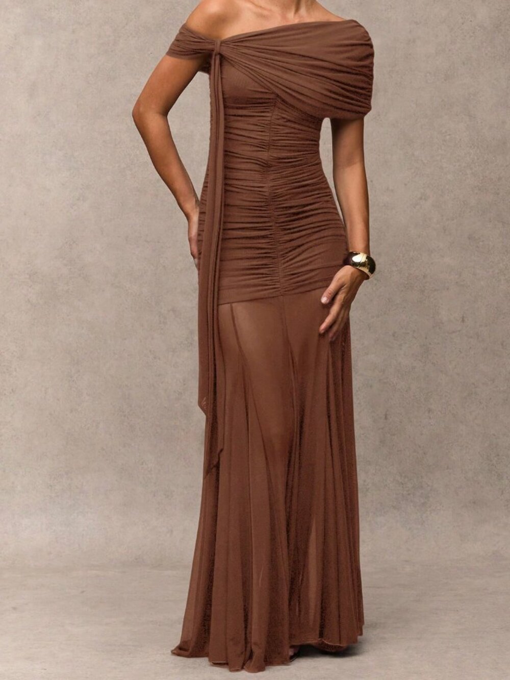 Brown Elegant Women's Ruched Asymmetric Long Dress - Picture 5 of 8